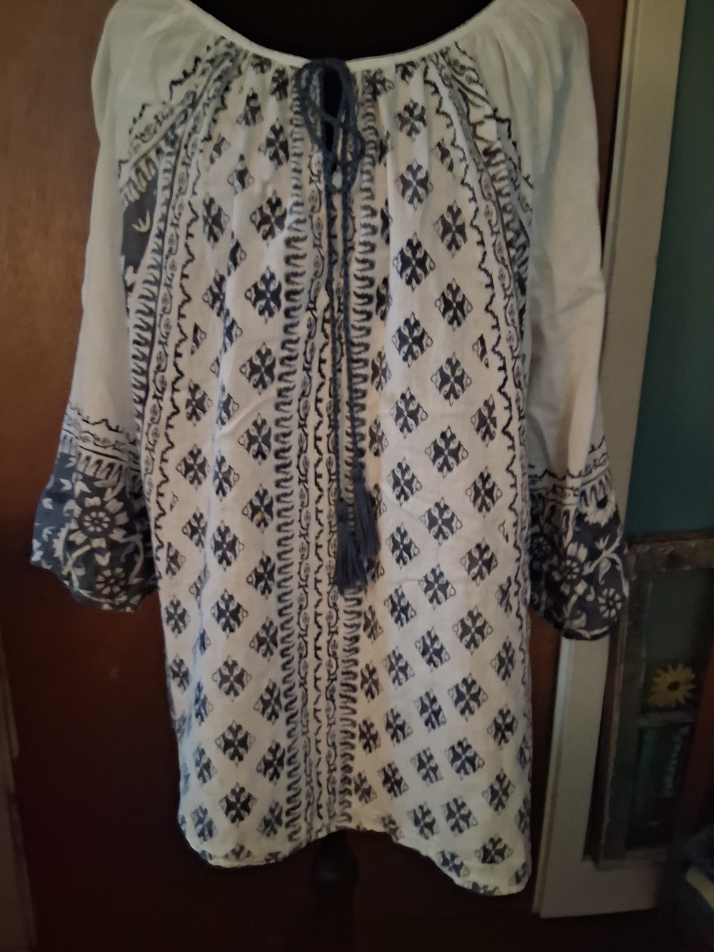 Cato White Tunic with Navy Printed Pattern